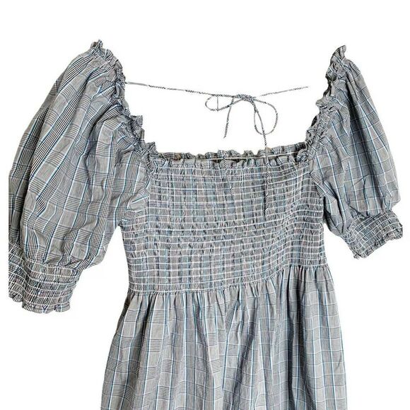 Hill House Athena Gray Blue Plaid Check Puff Sleeve Smocked Mini Nap Dress Small - Picture 5 of 8